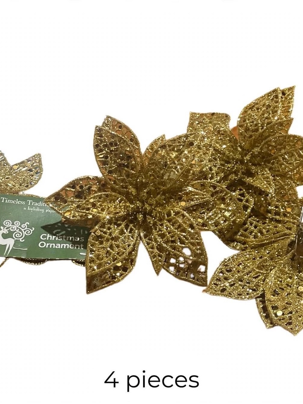 Gold Glitter Poinsettia Ornaments Set - 4 Pieces